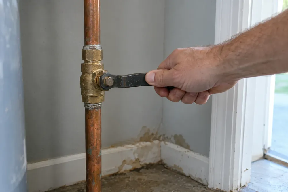 A hand turns the main water shutoff valve inside a utility closet.