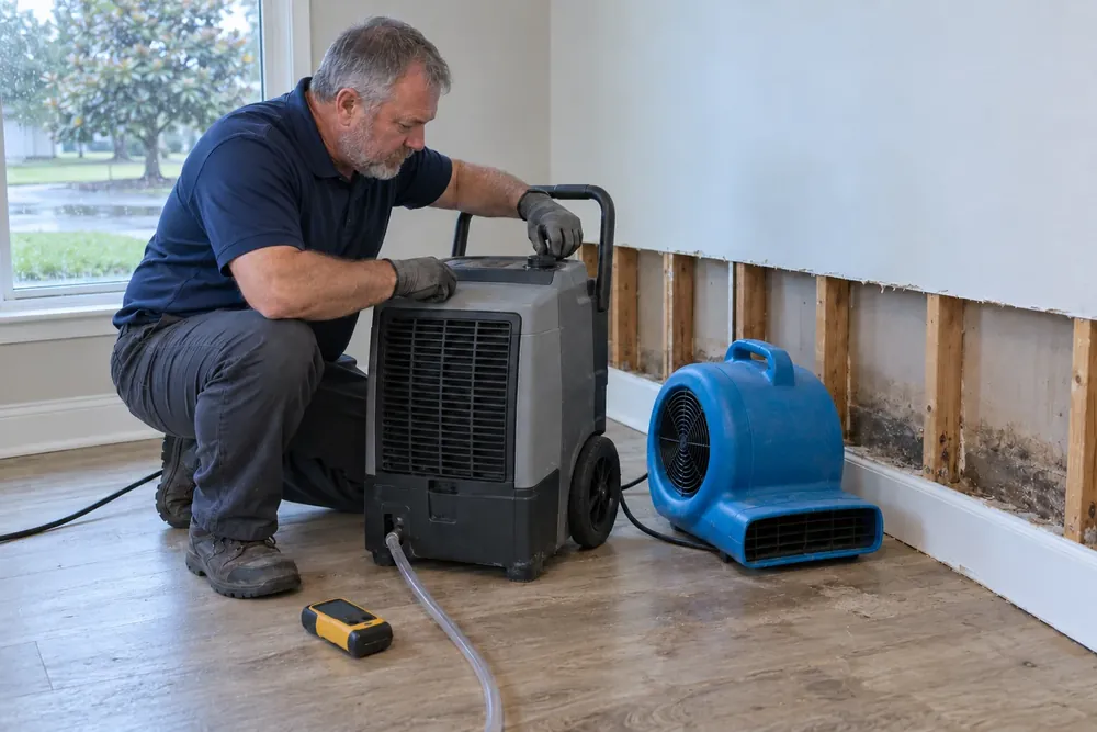 A technician in work gloves adjusts a dehumidifier next to an air mover and a cut-out wall section