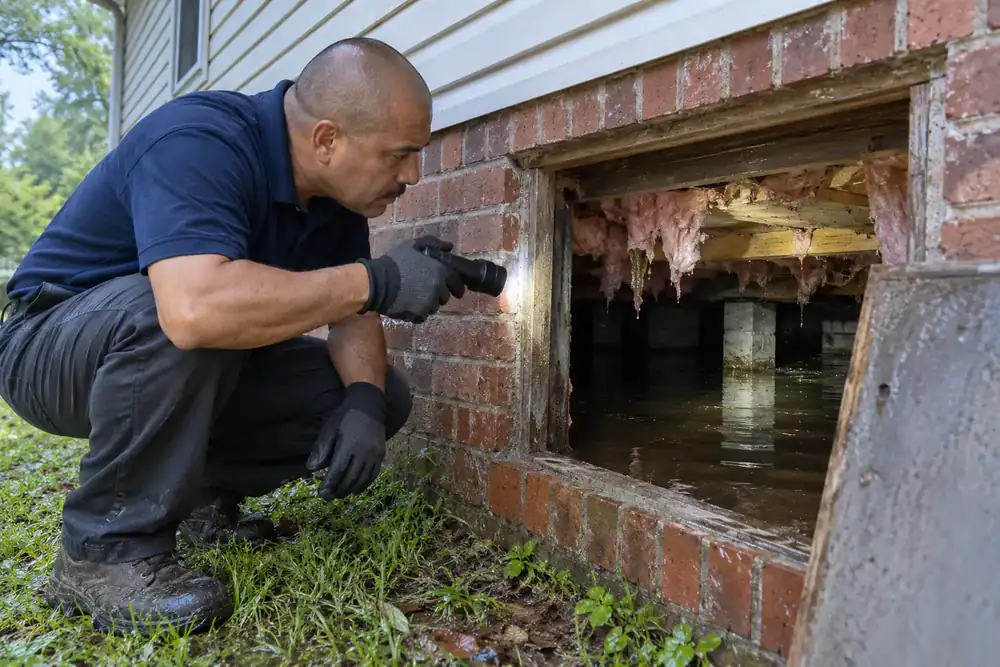 A technician shines a flashlight into a flooded crawl space with wet insulation hanging from the joists
