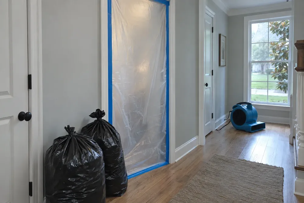 Bathroom doorway sealed with taped plastic sheeting, with closed contractor bags beside it