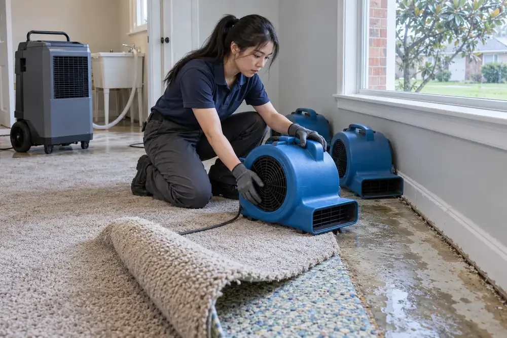 A technician in gloves places an air mover against a wall beside a dehumidifier and rolled-back carpet